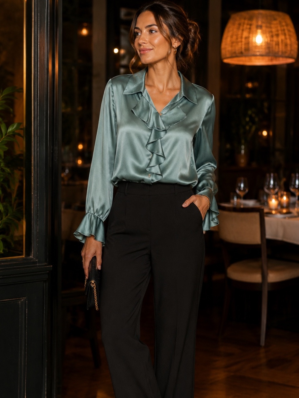AK Anne Klein Silk Blouse Size 16 Sage Green Ruffle Button Front